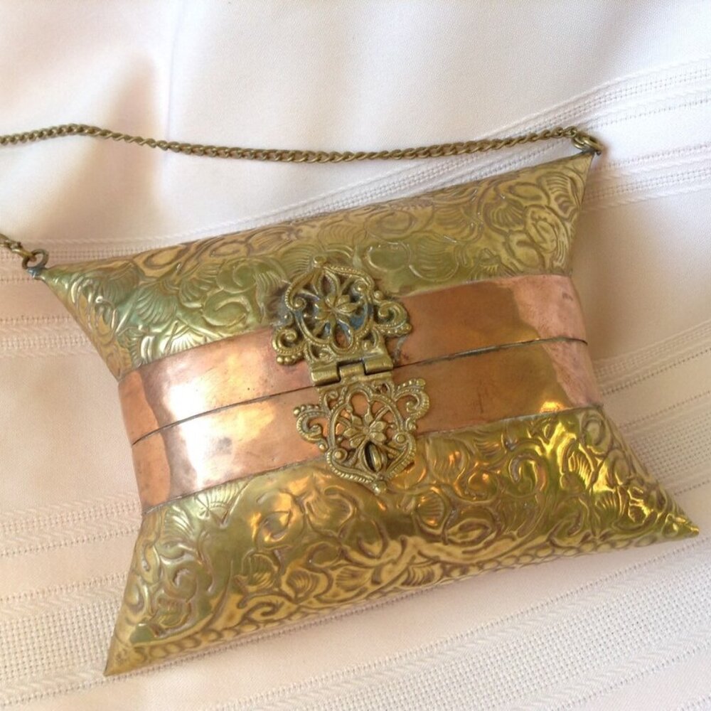 Vintage Pillow Purse Evening Bag Brass & Copper Velvet Lining